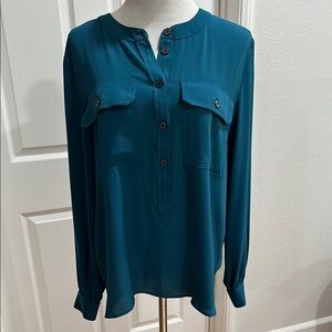 LOFT Blue Long Sleeve Blouse with Mandarin Collar